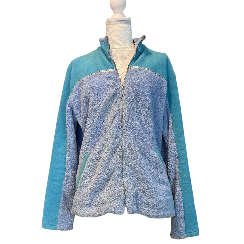 Wooly Bully Blue Fleece Womens Sz Large Full Zip Two Tone Blue Lightweight